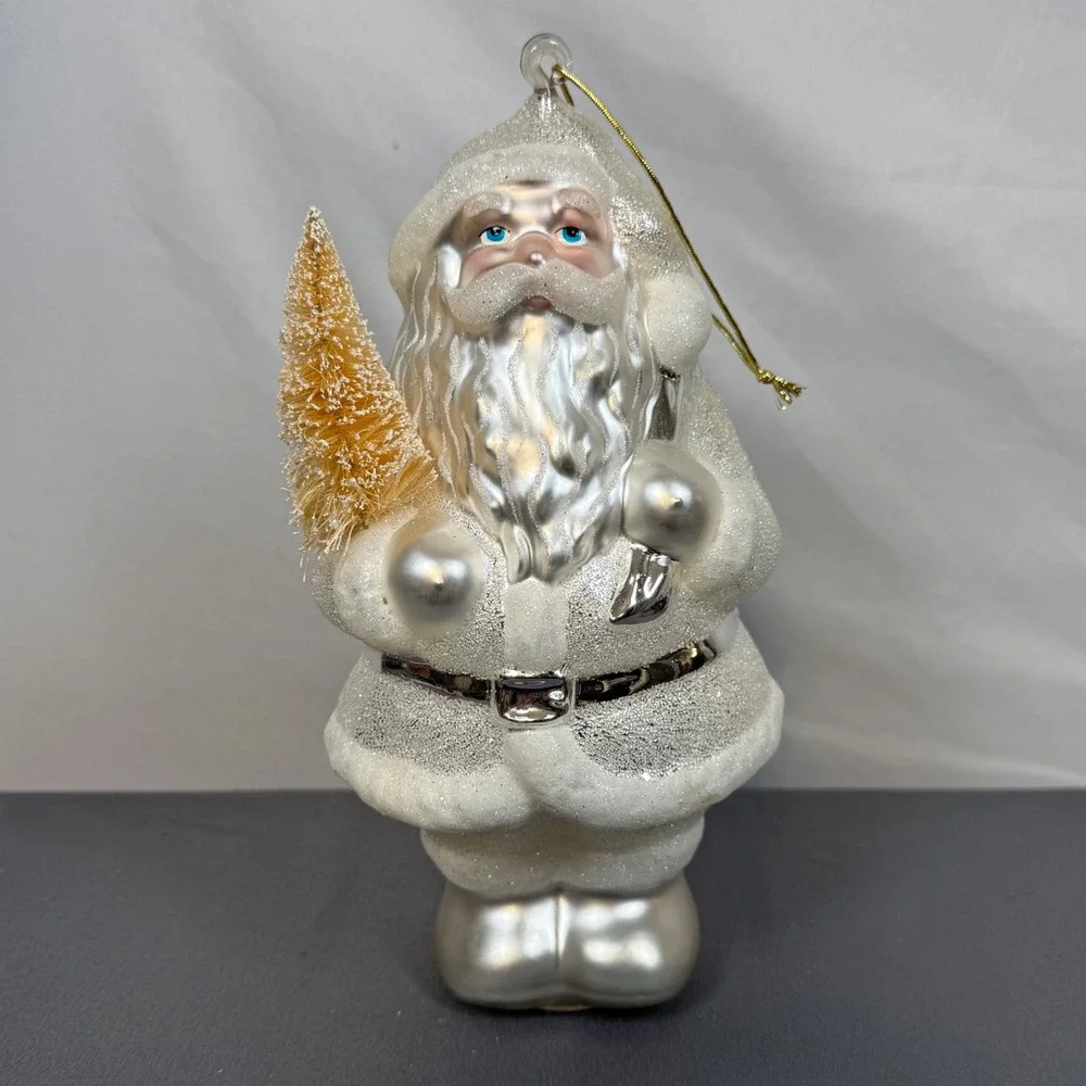 Dept 56 Spirit Santa Claus Christmas Large Ornament Glass Tree Bag Silver White‎